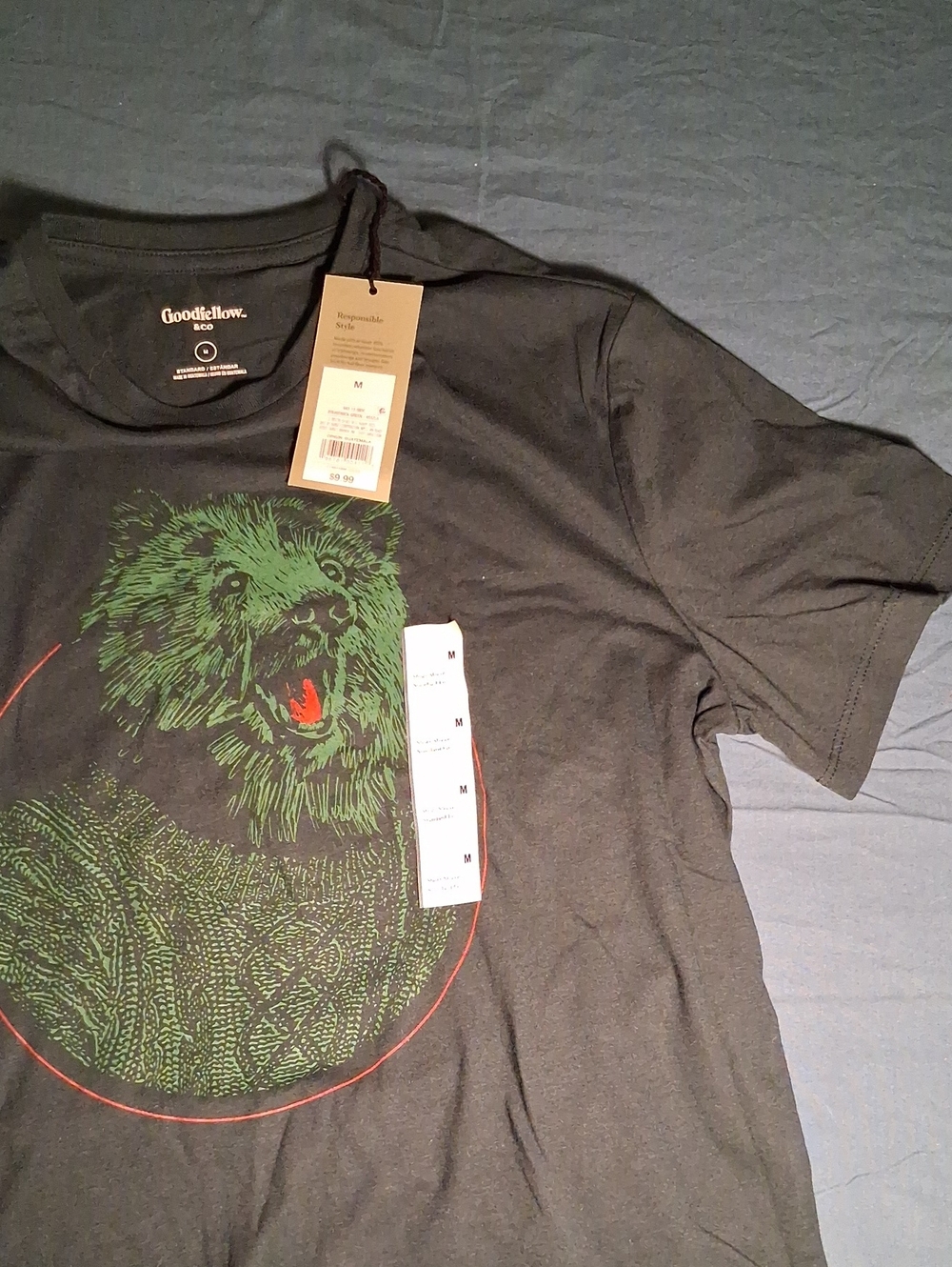 Goodfellow & Co Black T‑Shirt with Green Bear Graphic and Red Accent